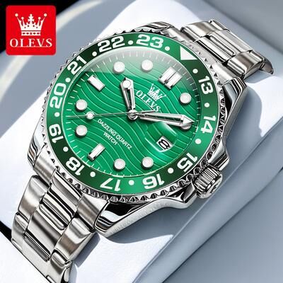 Youfap Market Waterproof Calendar Luminous Quartz Watch, Original Luxury Men's Watches, Stainless Steel Authentic Watch For Man silver Green