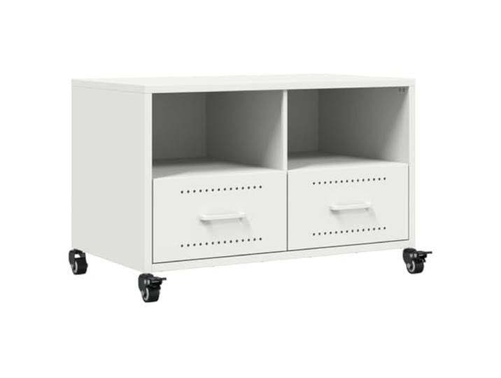 KGFHERENB TV-Schrank Rollbar 68x39x43,5 cm Stahl Lowboard Weiß Mobiles Mediamöbel fürs Schlafzimmer mit 2 Schubladen und 4 Rollen für flexible Medienorganisation.