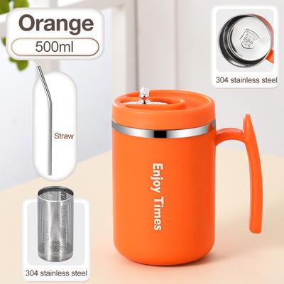 Youfap Market Stainless Steel Liner Coffee Mug With Lid, Tea Cup With Strainer And Straw, Reusable Water Bottle Office Gift Drinkware orange