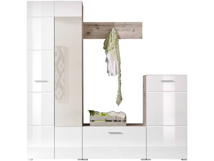 Kompaktgarderobe HBZ SIXX Weiß Hochglanz, Flurgarderobe mit Spiegel, BxHxT 195x195x36 cm , weiß (sandeiche, weiß hochglanz tiefzieh), B:195cm H:195cm T:36cm, Holzwerkstoff, Schränke, Kompaktgarderobe, Mit Hochschrank mit Spiegel, Bank, Paneel und Kommode
