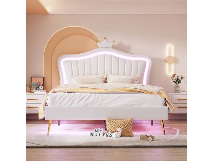 Lit enfant Lit d'enfant cadre de lit pour filles double cadre de lit en cuir PU blanc avec lampes LED Lit capitonné 140x200cm