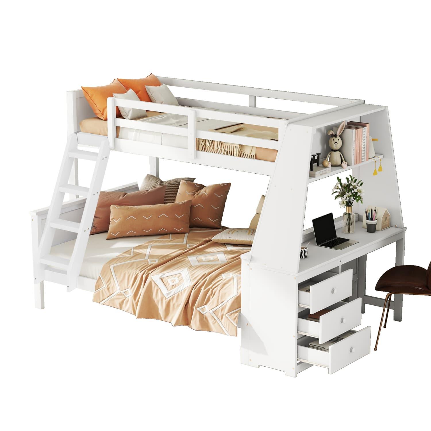 90*200cm+140*200cm Etagenbett, Kinderbett, ausgestattet mit Tisch, großer Stauraum, hohes Geländer,Leiterposition optional, Weiß