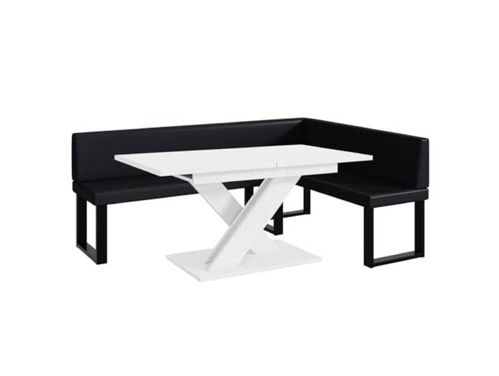 MEBLINI Eckbank für Esszimmer mit ausziehbarem Tisch - Küchenbank - Essecke - Sitzecke Küche - ERIC - U-Beine 142x196x87cm Rechts - Schwarz Kunstleder/B Weiß Matt
