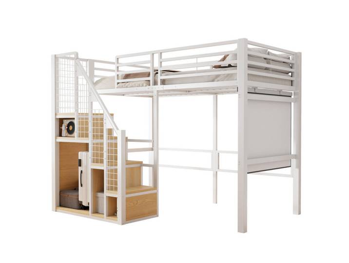 Modfu Hochbett aus Metall 90x200 cm in Weiß mit Treppe & Stauraum, 90x200 cm, Babymöbel & Kindermöbel, Kinderzimmer & Jugendzimmer, Kinderbetten, Hochbetten