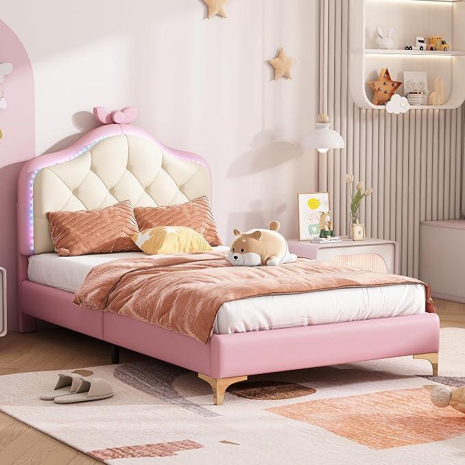 Polsterbett Kinderbett 90x200 cm Einzelbett, LED-Kopfteil mit Rosa Schleife, Kinderbett Jugendbett Bettgestell mit Lattenrost, Flachbett Rückenlehne Bett, Ohne Matratze, PolyurethanRosa+Weiß