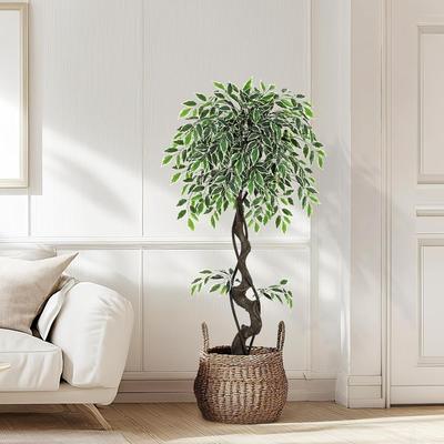 YUN Artificial Ficus Tree in White Planter, Faux Indoor/Outdoor Plant with Pebbles & Moss for Home or Office Decor