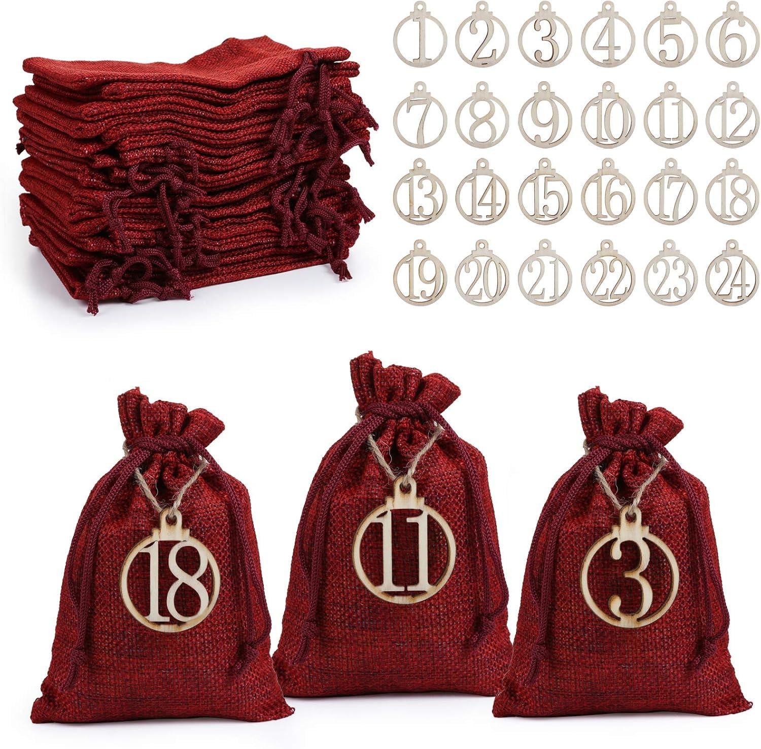 oCreon Adventskalender Set van 24 Rood Jute Zakjes met Cijfers en Houten Decoratie