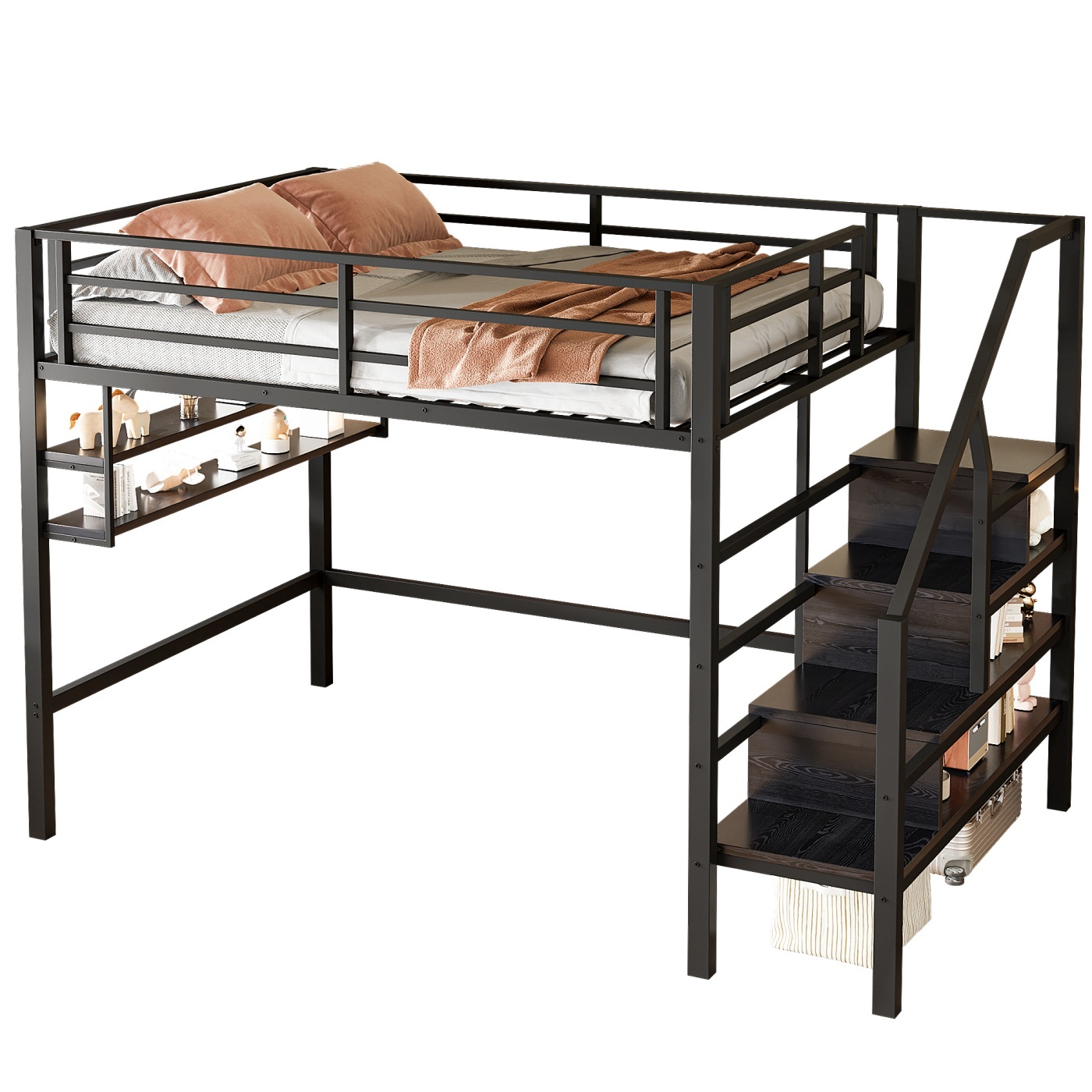 Hochbett(140*200cm,Schwarz)Einlegeböden, Stauraumleiter, Freiraum unter dem Bett zum Verkleiden, Geländer, ohne Matratze