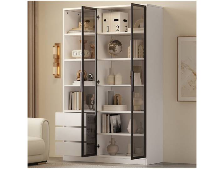 Vitrine haute AESVAR 100x35x160 cm blanc mat 2 portes vitrées 3 tiroirs étagères ouvertes LED intégrée
