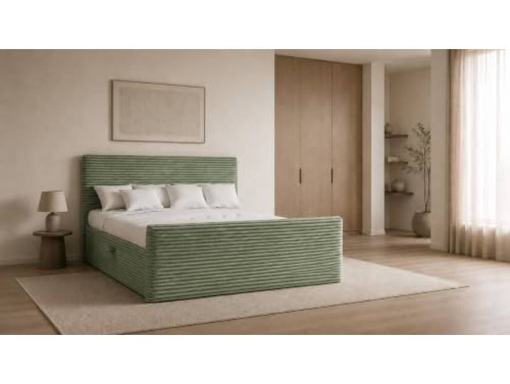 Kaiser Möbel - Bett 120x200 cm, Boxspringbett mit Bettkasten und Topper, Cord Schlafzimmerbett, Doppelbett mit Stauraum und Gepolstertes Kopfteil, Toppermatratze aus Viscoschaum - Trento - Olive