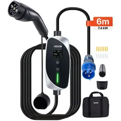 VEVOR Mobile Wallbox, 7,4 kW, 32 A, Typ 2 Ladestation, Tragbares Einphasig-Ladegerät mit 6 m Ladekabel, CEE-Stecker, LCD-Bildschirm, IP66-Steuereinheit, Stromversorgung für Elektrofahrzeuge