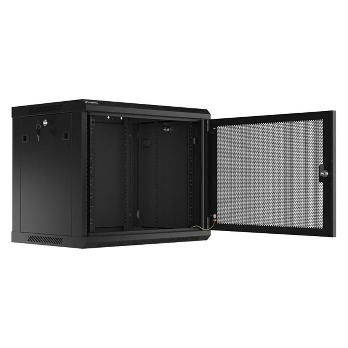Lanberg Nástěnná jednodílná skříň 19", 9U/600x450, (v rozloženém stavu), perforované dveře, černá ( (9 HE, 19 Zoll Rack) (WF01-6409-23B)