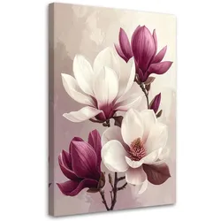 LEINWANDBILD, Weiße Magnolien mit burgunderroten Knospen auf hellem Hintergrund