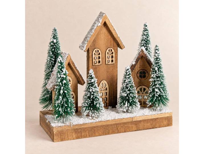 Weihnachtsdekoration, Szene mit Chalets und Tannenbäumen mit Schneeeffekt, H 29 cm