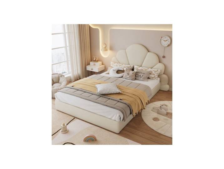 Lit double - structure de lit- 140x200 cm - Velours beige - Tête de lit - 220KG