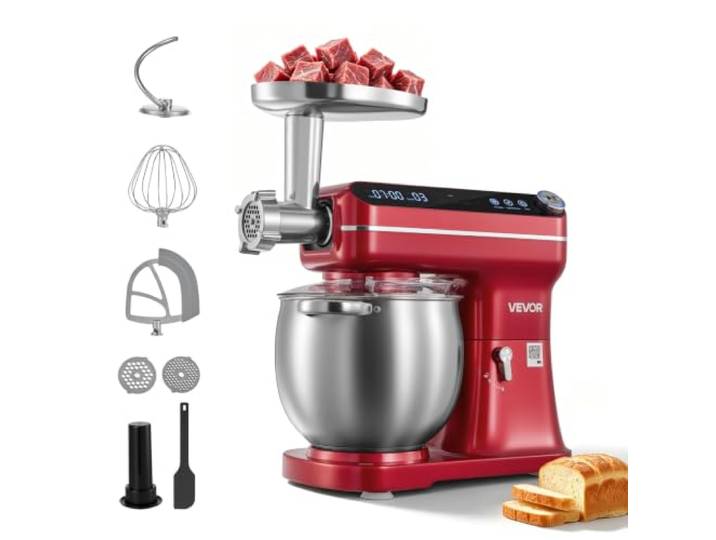VEVOR Multifunktionale Küchenmaschine 7 L 2 in 1 Knetmaschine 1000 W Rot für Teig Sahne Rührteig und Fleisch, 360°-Planetenrührsystem, Kippkopf, mit Rührschüssel Knethaken Rührbesen und Schneebesen