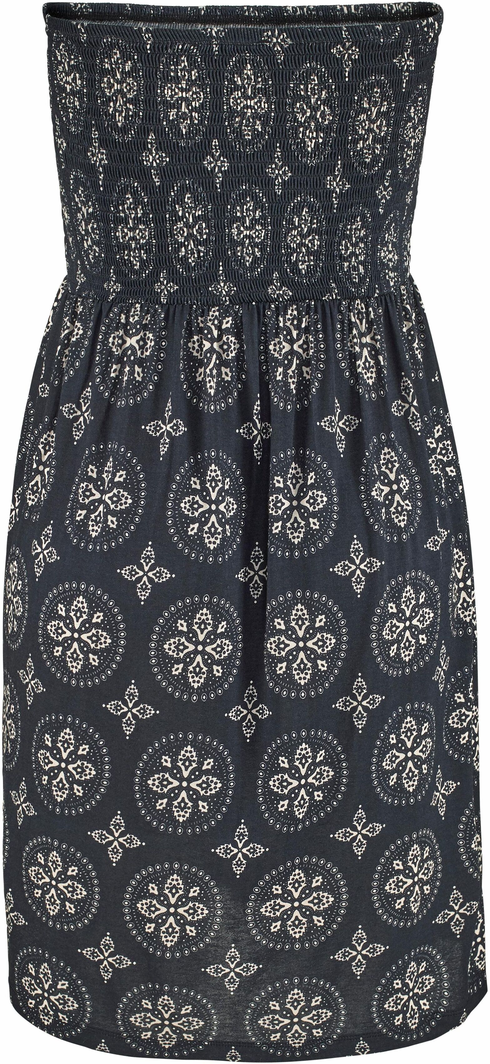 Bandeaukleid LASCANA "mit gesmoktem Oberteil im Alloverdruck", Damen, Gr. 42, N-Gr, beige (schwarz, beige, bedruckt), Jersey, Obermaterial: 100% Viskose, bedruckt, figurumspielend kniefrei, gekräuselter Ausschnitt, Kleider Bandeaukleid, Strandkleid, schul