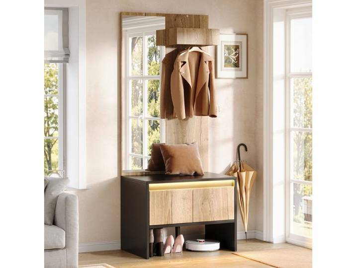 Vestiaire d'entrée meuble d'entrée avec miroir banc à chaussures 2 tiroirs panneau de particules noir et naturel JOINERY