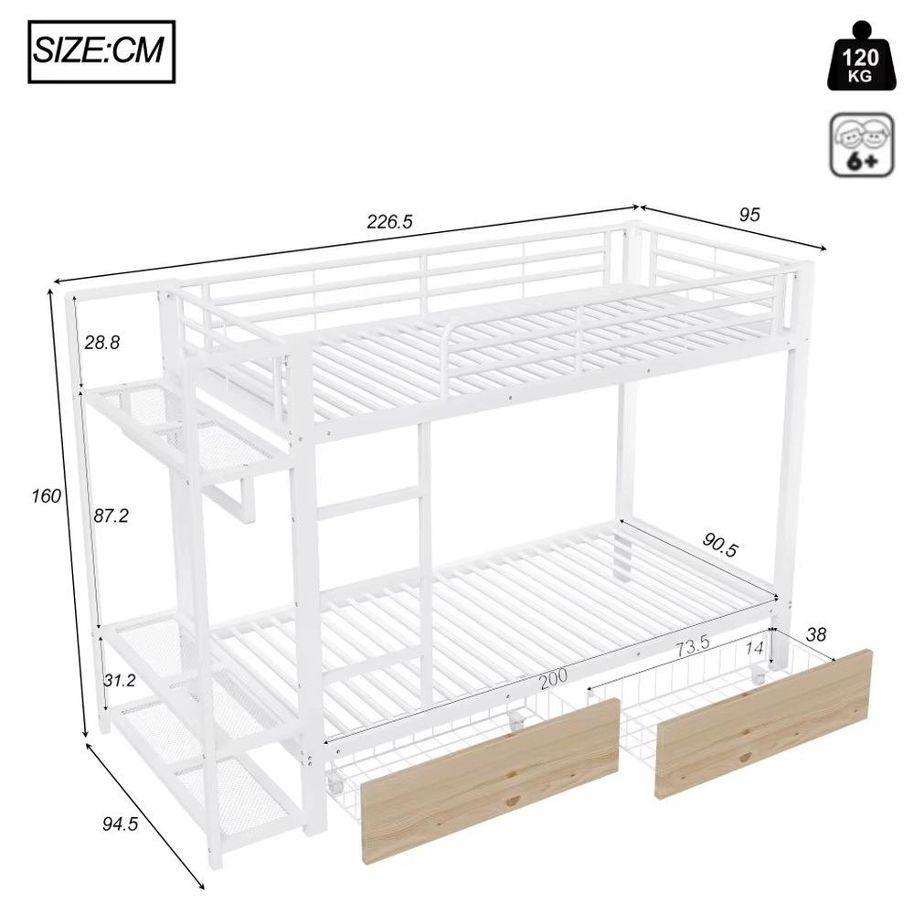Etagenbett - Metallbettgestell 90x200 cm - Integrierter LED-Lichtstreifen - Separater Kleiderschrank - 2 große Schubladen - Mehrere Ablagefächer - Weiß
