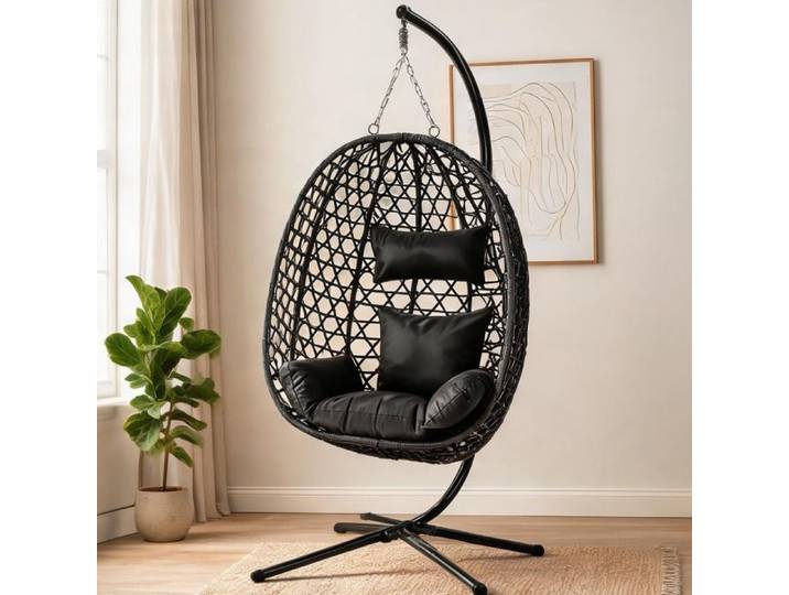 Chaise suspendue œuf en métal et rotin synthétique anthracite hauteur réglable design contemporain