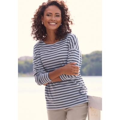 Langarmshirt ELBSAND "Tooske", Damen, Gr. L, grau (marine, blau gestreift), Jersey, Obermaterial: 50% Baumwolle, 50% Polyester, gestreift, figurumspielend hüftlang, Rundhals, Shirts Langarmshirt, mit Ringelmuster, dezenter Logodruck, casual