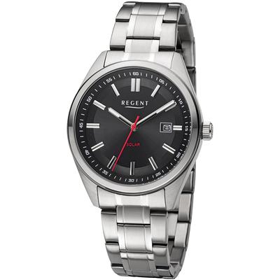 Solaruhr REGENT, schwarz (edelstahlfarben, schwarz), Armbanduhren, Herren, Armbanduhr, Herrenuhr, Datum, Edelstahlarmband, bis 10 bar wasserdicht