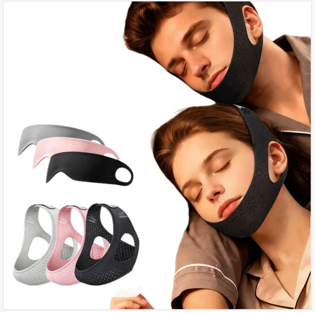 INF Sangle mentonnière anti-ronflement - Aide au sommeil non médicale, Velcro réglable, maillage respirant et ouvertures pour Rose
