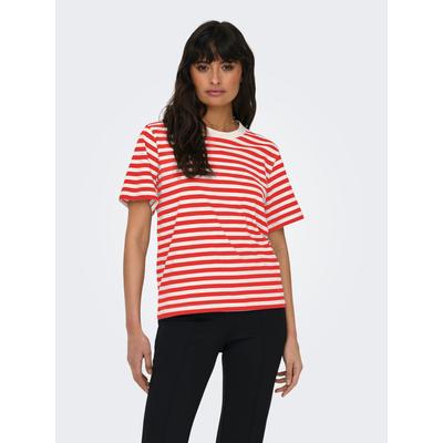 Kurzarmshirt ONLY "ONLLIVINA S/S STRIPE TEE JRS NOOS", Damen, Gr. S (36), rosa (bonbon stripes:weiß stripes), Single Jersey, Obermaterial: 100% Baumwolle, gestreift, regular fit normal, Rundhals, Shirts