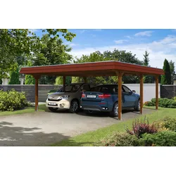 Skan Holz Walmdach Carport 630cm rote Blende Gr. 1 nussbaum Holzcarport