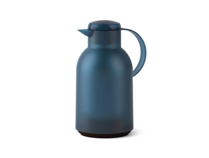 Emsa Samba Isolierkanne, 1,5 Liter Fassungsvermögen, Quick Press Verschluss, 100% dicht, 12h heiß und 24h kalt, mit Glaskolben, made in Germany, Transluzent/Ozeanblau, N4012000