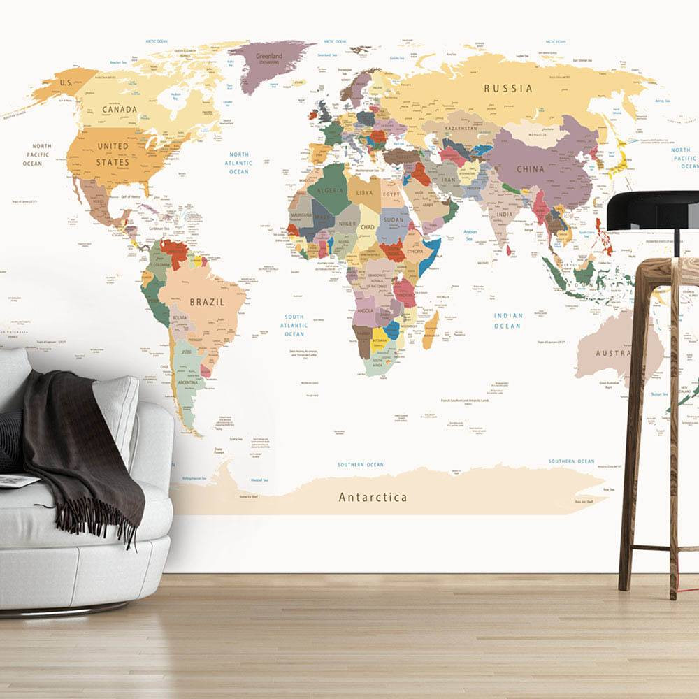 home24 Fotobehang World Map Multicolour B: 200 cm, H: 140 cm