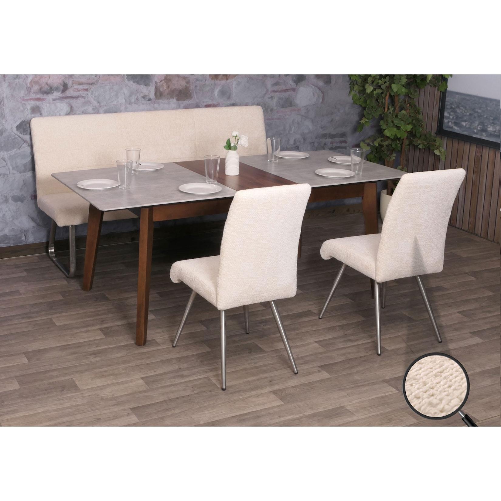 Esszimmer-Set MCW-G55, 2er-Set Stuhl + Sitzbank 180cm, Edelstahl gebürstet Stoff/Textil Chenille ~ creme