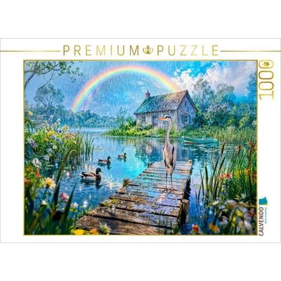 CALVENDO Puzzle Cottage am See mit Regenbogen und Wasservögeln | 1000 Teile Lege-Größe 64x48cm Foto-Puzzle für glückliche Stunden
