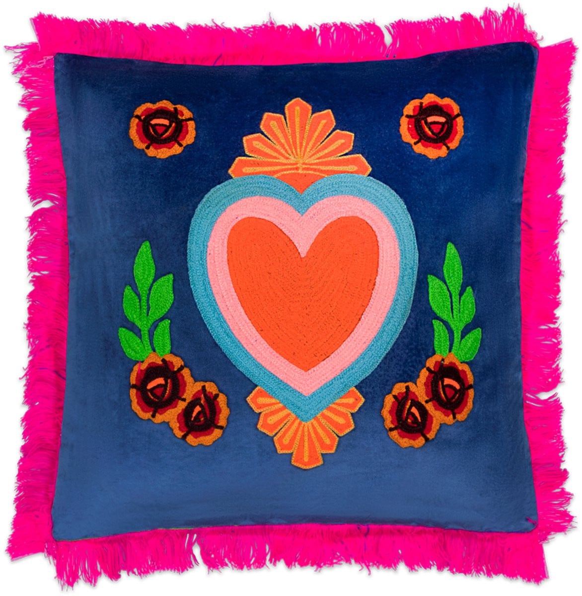 Kitsch Kitchen Milagro hart kussen - Donkerblauw met franjes