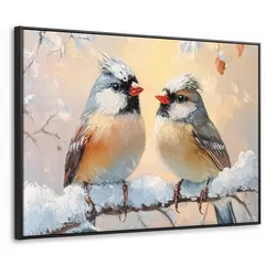 LEINWAND Bilder mit Rahmen - Vögel - Zweig - Winter - Schnee - 80x60