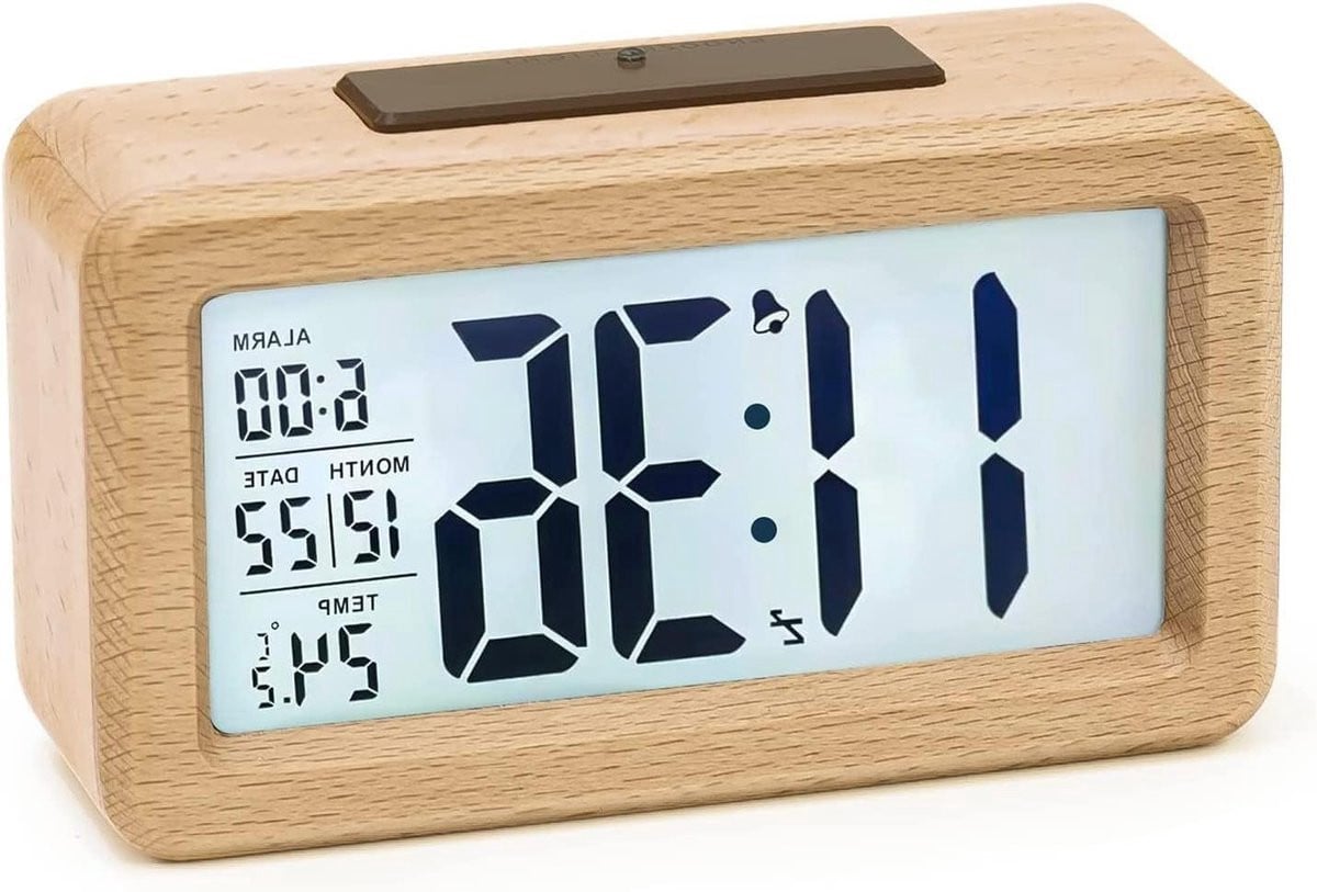Houten Digitale Wekker met LCD-achtergrondverlichting, Temperatuur en Sluimerfunctie