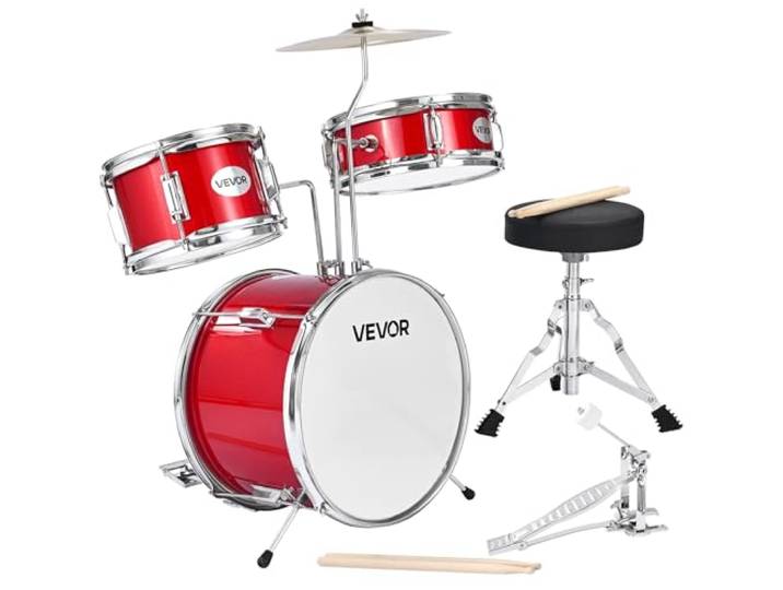 VEVOR Batterie Enfant\, 3 PCS\, Batterie Débutants\, Grosse Caisse 35\,56 cm avec Tom-tom 20\,32 cm Caisse Claire 25\,4 cm\, Siège Réglable\, Baguettes\, Kit Apprentissage Musical\, pour Enfants 6-13 ans\, Rouge