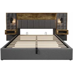 MODFU Polsterbett aus Leinen in Grau 160x200 cm mit LED-Leselampen, USB-C und Stauraum