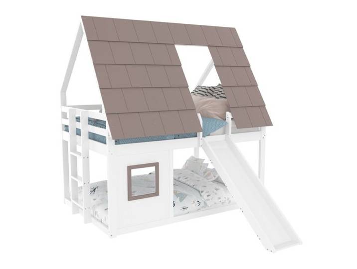 Lit Superposé Cabane Bois Blanc et Marron 140x200cm-Avec Toit Échelle et Toboggan-Design Ludique Robuste- Sans Matelas- Pour Enfants