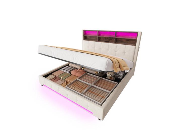Lvhom Polsterbett, Doppelbett 180x200 cm mit Hydraulischen Stauraum, LED und Usb-C, Beige, 180x200 cm, Schlafzimmer, Betten, Polsterbetten