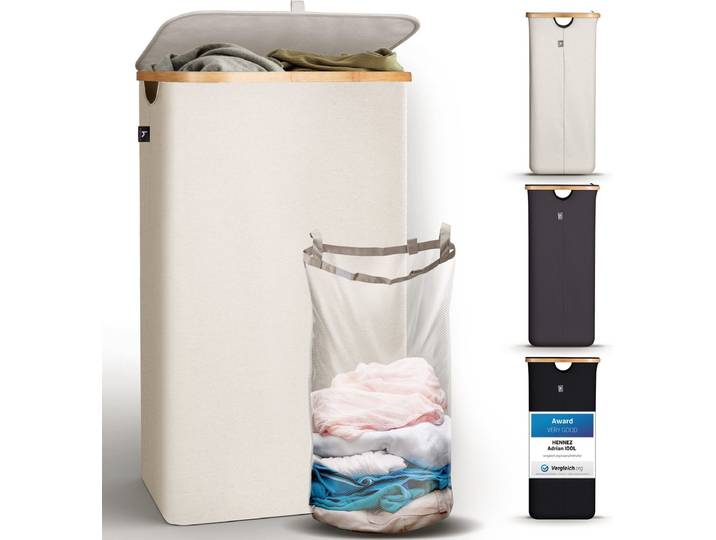HENNEZ Wasmand met deksel van 100L opvouwbaar met bamboe frame - inclusief waszak - beige