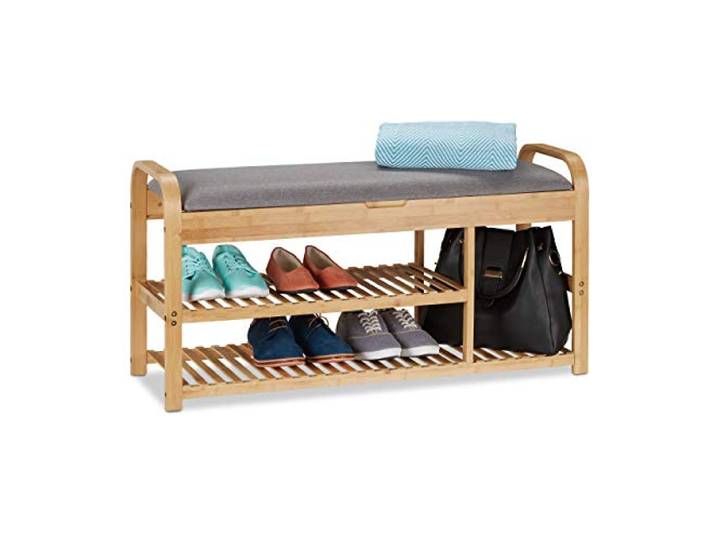 Relaxdays Banc Chaussures avec siège\, Espace de Rangement\, rembourré\, Bas\, en Bambou\, HxlxP 50x100\,5x33 cm\, Gris/Nature