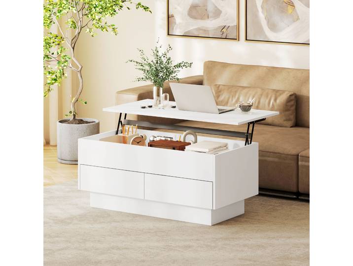 HOMCOM Table Basse Relevable Blanc avec Rangement 100x50x44 cm