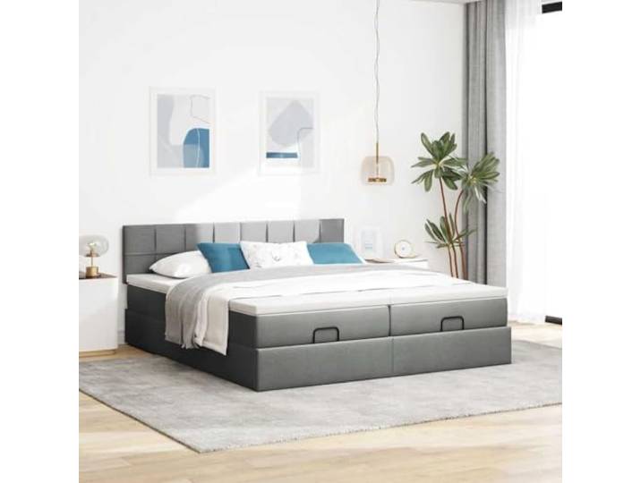 KTHLBRH Pouf Doppelbett 200 x 200 cm Dunkelgrau Hydraulischer Aufzug, Taschenfederkernmatratzen, 2 Matratzenschoner inklusive, Aufbewahrungsfach