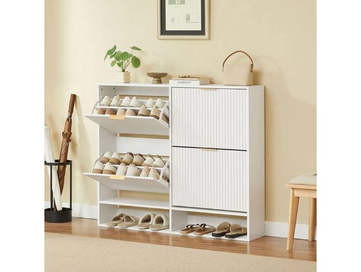 Meuble à chaussures - WESTYLE - Design Lattes - 120x24x102 cm - 4 portes abattantes - Kit anti-basculement