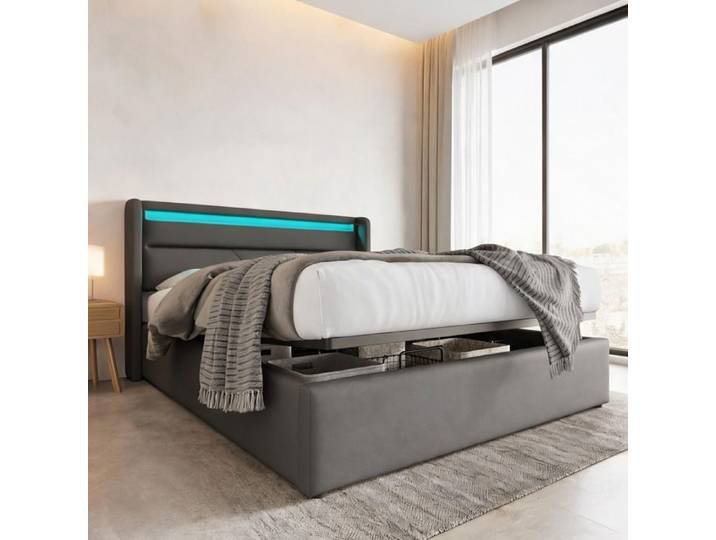Sommier tapissé polyuréthane ton gris 140x200 cm avec coffre hydraulique matelas et tête de lit LED