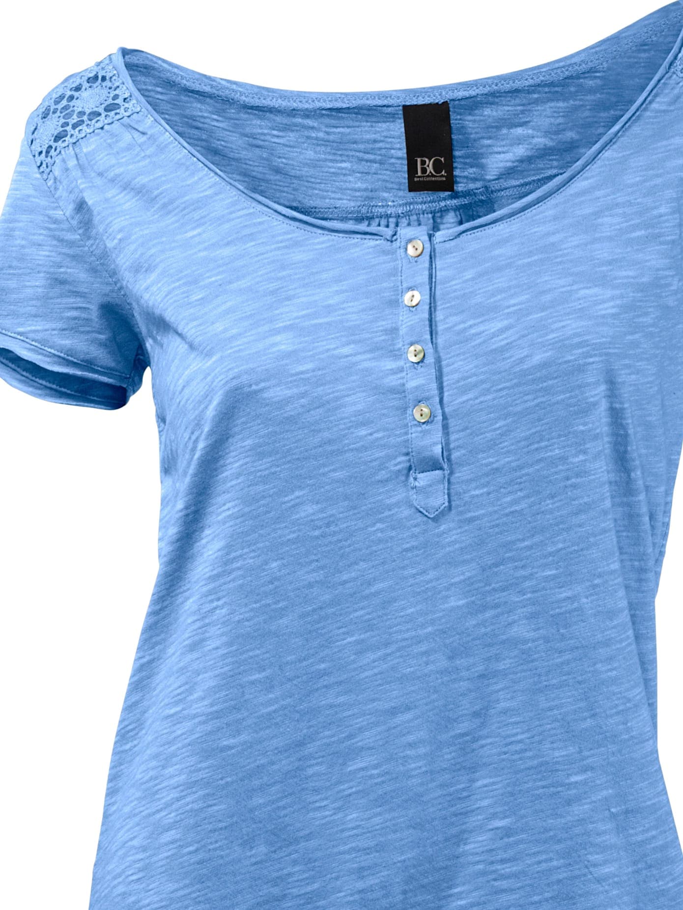 Rundhalsshirt HEINE "Rundhals-Shirt", Damen, Gr. 38, blau (kornblume), 100% Baumwolle, Spitze:100% Baumwolle, unifarben, Rundhals, Shirts Rundhalsshirt kornblume 38