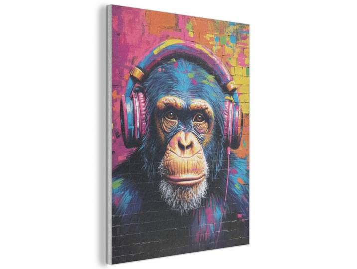 AKUSTIKBILD Graffiti - Schimpanse - Straßenkunst - Kopfhörer - Affe Kunstdruck Schlafzimmer 50x70 cm
