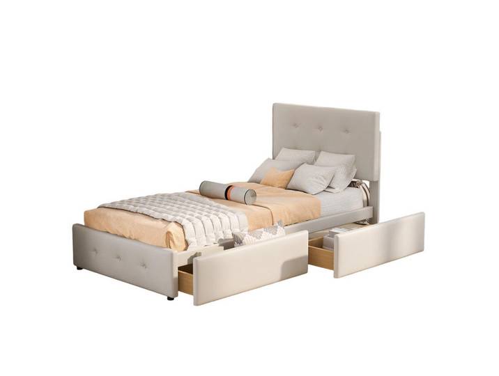 Shopentra Einzelbett 90x200 Beige Samt Stauraum, Holz, Schlafzimmer, Betten