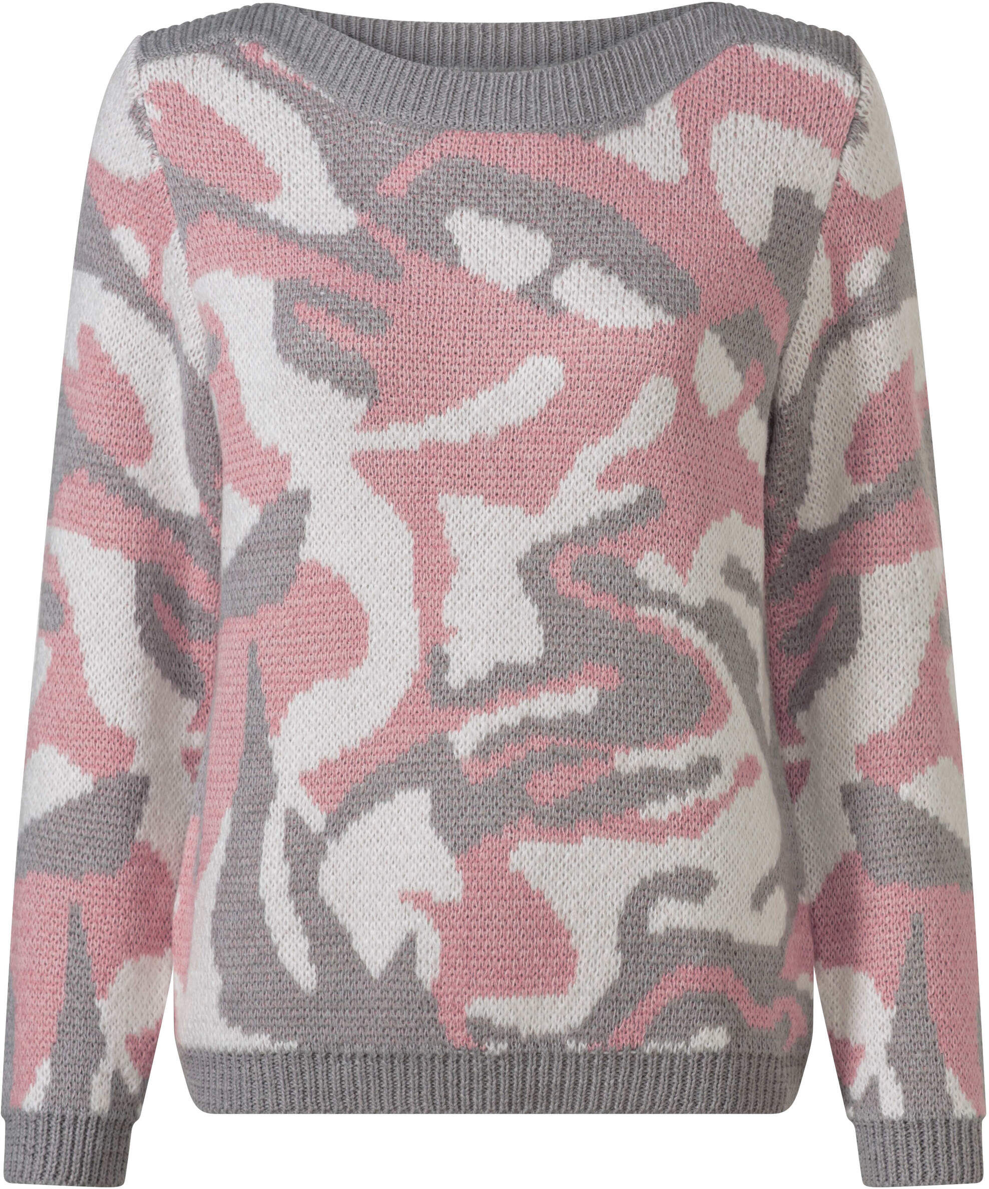 Strickpullover WITT "Jacquard-Pullover Jacquard-Pullover mit unifarbenen Abschlüssen", Damen, Gr. 44, hortensie, steingrau, gemustert, Strick, , Modisch, U-Boot-Ausschnitt, Pullover Strickpullover